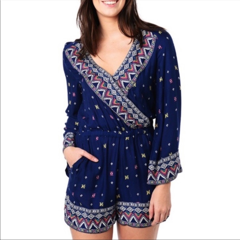 ROXY midnight blue long sleeve boho print romper